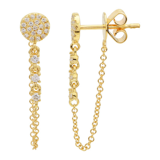 14k Yellow Gold Pave Diamond Circle Bezel Chain Earrings