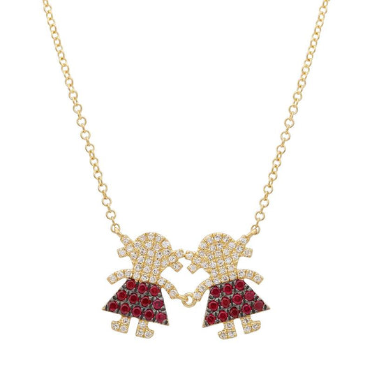 14k Yellow Gold Girl & Girl Kids Ruby Diamond Necklace