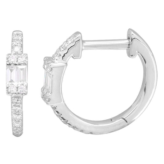14k White Gold Diamond Baguette Huggie Earrings 11mm