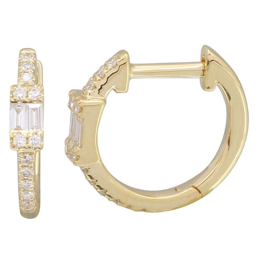 14k Yellow Gold Diamond Baguette Huggie Earrings 11mm