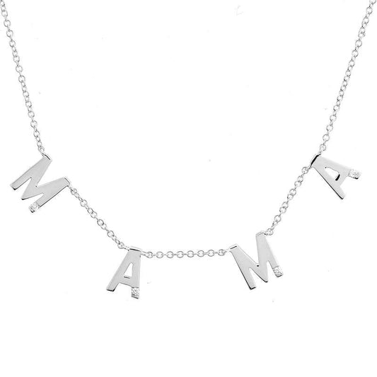 14k White Gold Spaced Diamond MAMA Necklace
