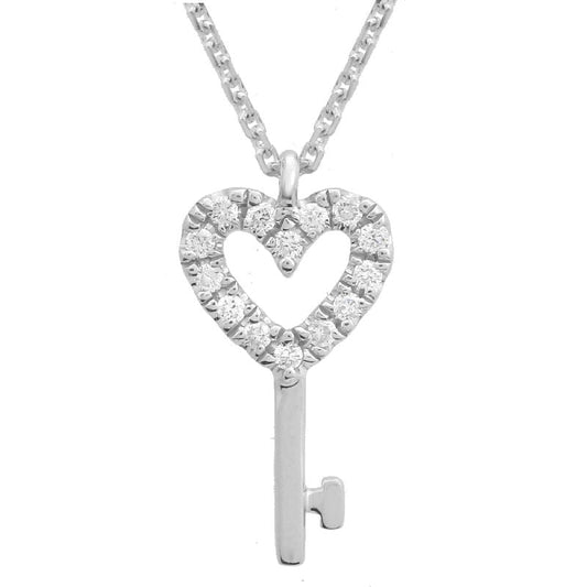 14k White Gold Diamond Key Heart Necklace
