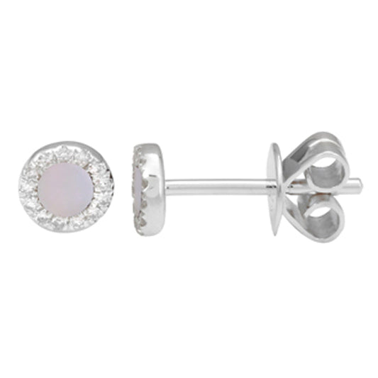 14k White Gold Mother of Pearl Diamond Halo Stud Earrings