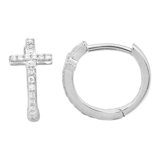 14k White Gold Diamond Cross Huggie Earrings 11mm