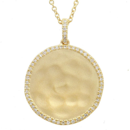 14k Yellow Gold Hammered Coin Diamond Medallion Necklace