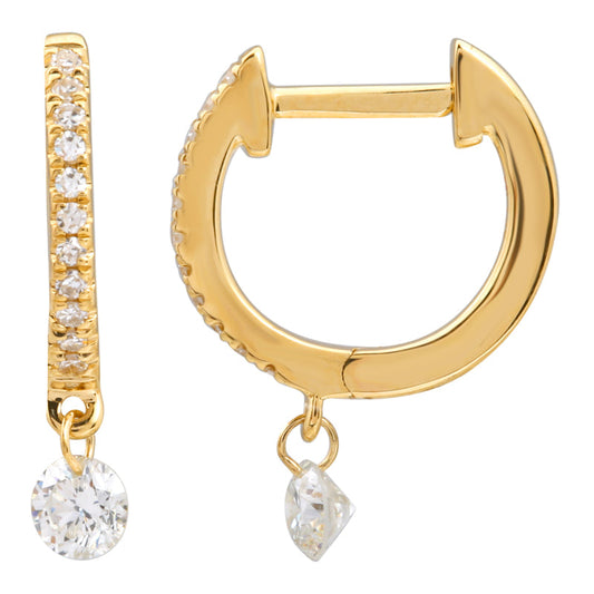14k Yellow Gold Floating Dangling Round Diamond Huggie Earrings 10mm