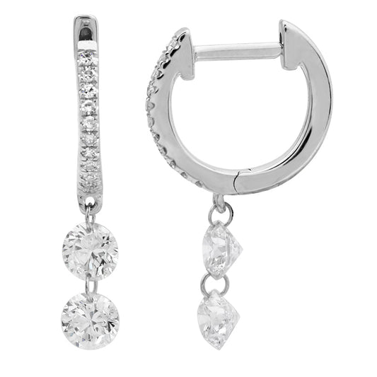 14k White Gold Two Floating Dangling Diamond Huggie Earrings