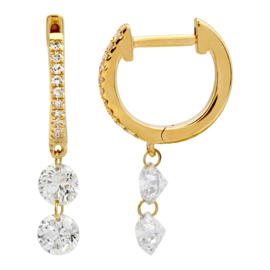14k Yellow Gold Two Floating Dangling Diamond Huggie Earrings