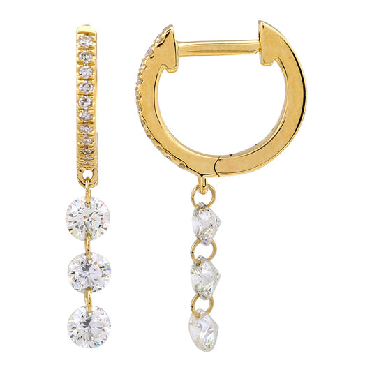 14k Yellow Gold Three Floating Dangling Diamond Huggie Earrings
