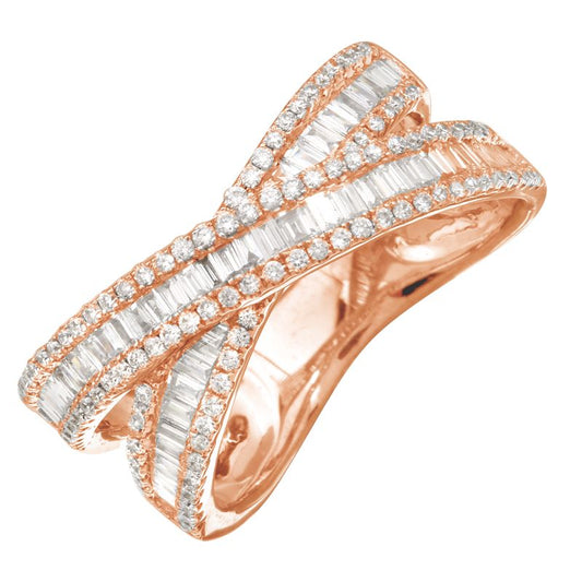 18k Rose Gold Baguette Criss Cross Diamond Ring 1.00ctw