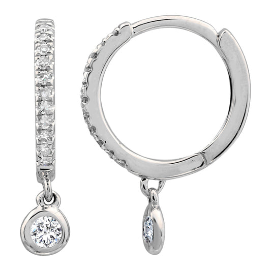 14k White Gold Dangling Diamond Bezel Huggie Earrings