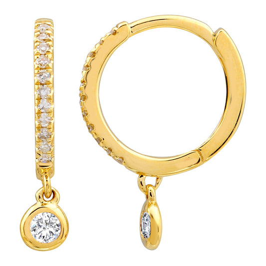 14k Yellow Gold Dangling Diamond Bezel Huggie Earrings