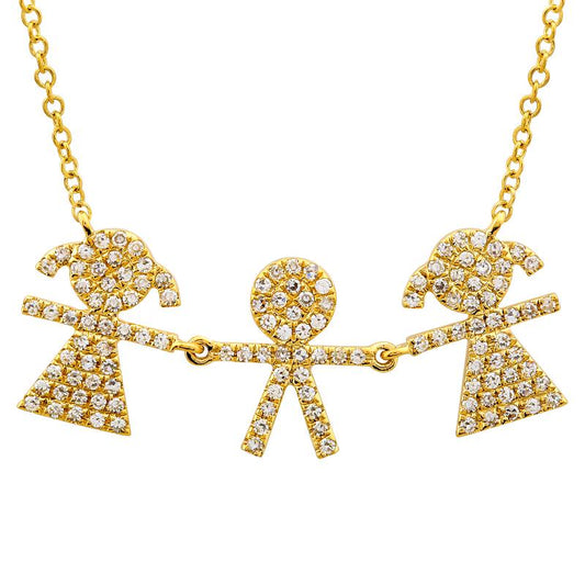 14k Yellow Gold Girl & Boy & Girl Kids Diamond Necklace