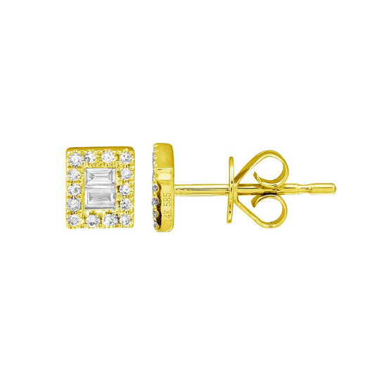 14k Yellow Gold Baguette Halo Diamond Stud Earrings