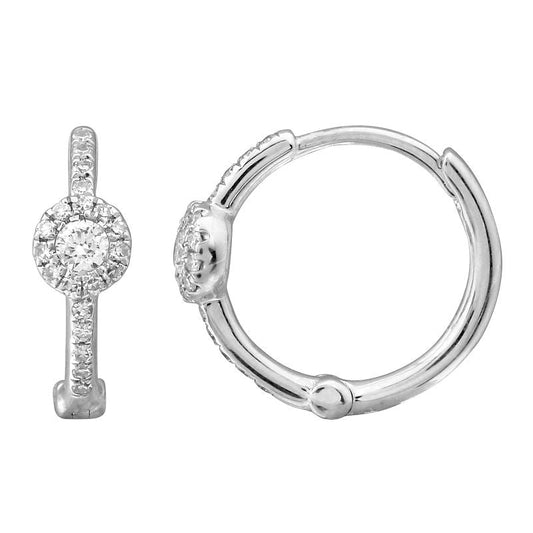 14k White Gold Diamond Halo Huggie Earrings 13mm
