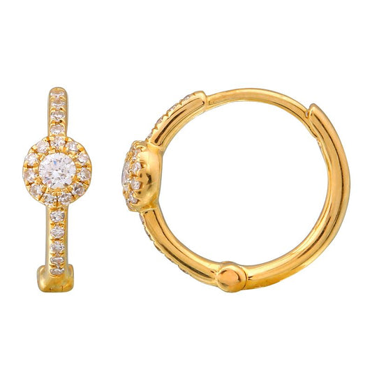 14k Yellow Gold Diamond Halo Huggie Earrings 13mm