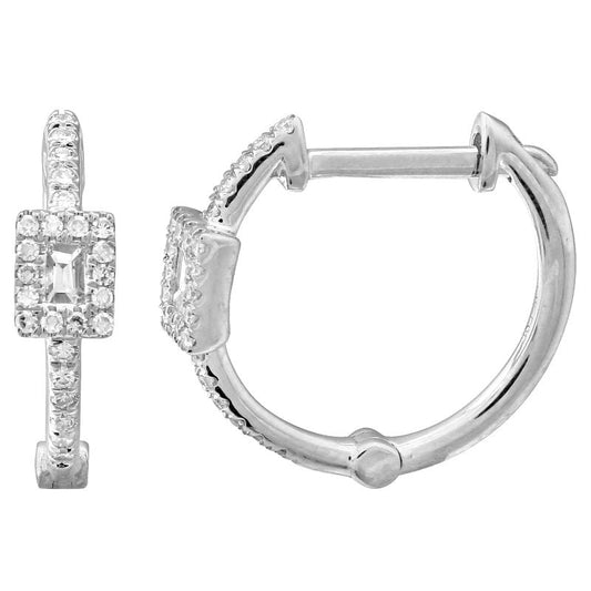 14k White Gold Baguette Diamond Halo Huggies Earrings 13mm