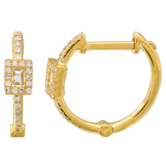 14k Yellow Gold Baguette Diamond Halo Huggies Earrings 13mm