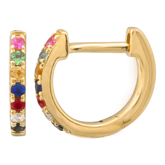 14k Yellow Gold Multi Gemstone Rainbow Huggie Earrings 9mm