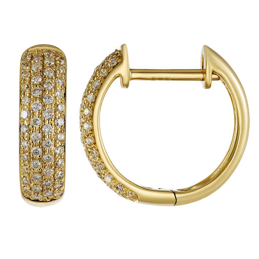 14k Yellow Gold Four Row Pave Diamond Dome Huggie Earrings 14mm