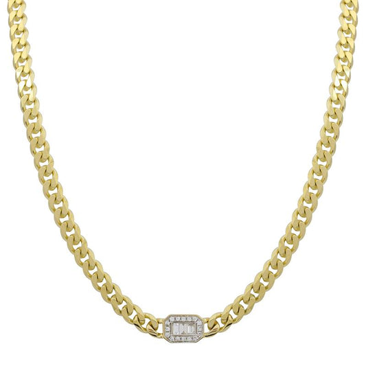 14k Yellow Gold Illusion Emerald Diamond Cuban Link Choker Necklace