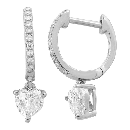 14k White Gold Dangling Heart Diamond Huggie Earrings