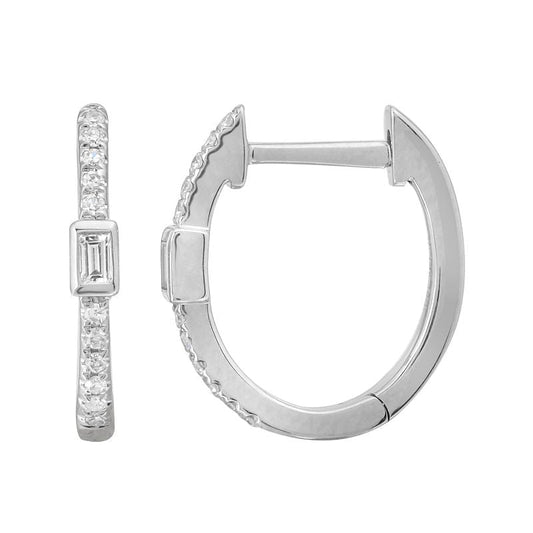 14k White Gold Diamond Baguette Bezel Oval Huggie Earrings 13mm