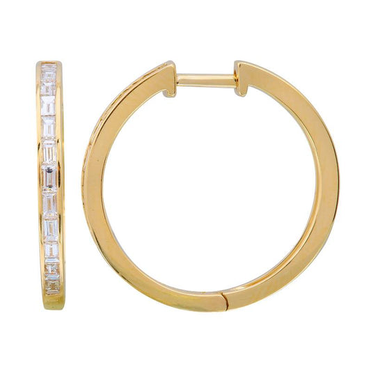 14k Yellow Gold Baguette Diamond Channel Hoop Earrings 20mm