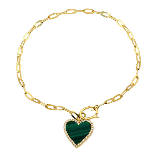 14k Yellow Gold Malachite Heart Diamond Link Bracelet