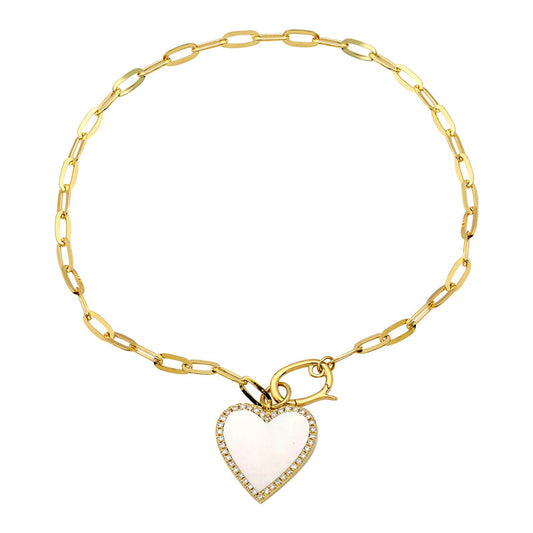 14k Yellow Gold Mother of Pearl Heart Diamond Link Bracelet