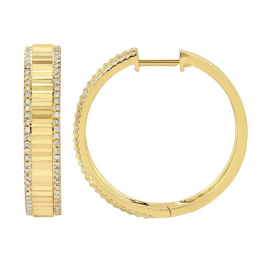 14k Yellow Gold Diamond Border Fluted Hoop Earrings 24mm