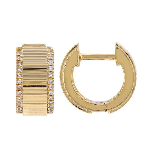 14k Yellow Gold Wide Fluted Diamond Border Huggie Earrings 11mm