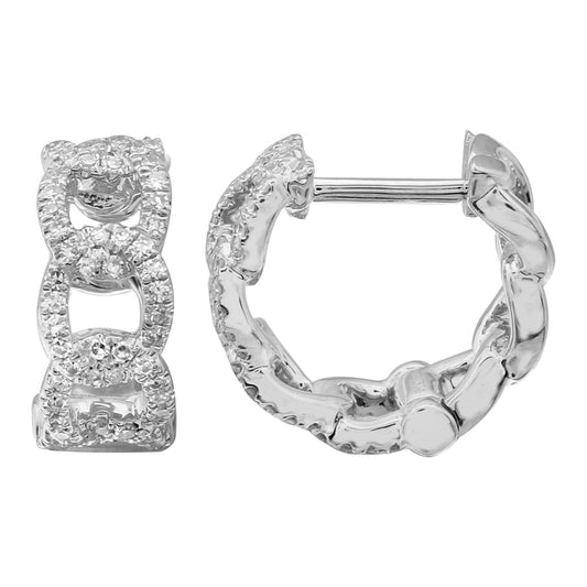 14k White Gold Link Diamond Huggie Earrings 12mm