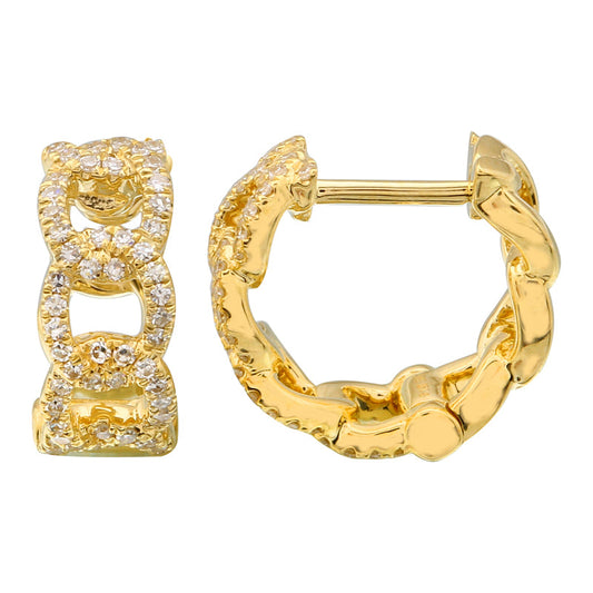 14k Yellow Gold Link Diamond Huggie Earrings 12mm