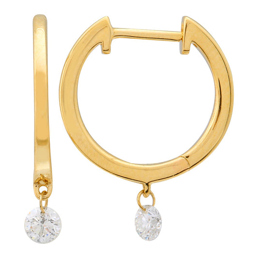 14k Yellow Gold Floating Dangling Round Diamond Huggie Earrings 13mm