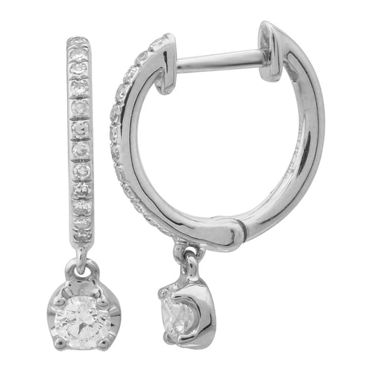 14k White Gold Dangling Crown Prong Diamond Huggie Earrings
