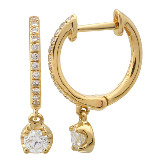 14k Yellow Gold Dangling Crown Prong Diamond Huggie Earrings
