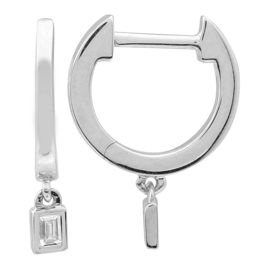 14k White Gold Dangling Baguette Huggie Earrings