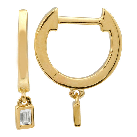 14k Yellow Gold Dangling Baguette Huggie Earrings