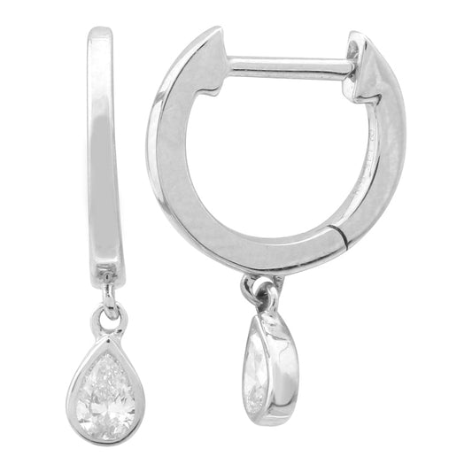 14k White Gold Dangling Pear Diamond Bezel Huggie Earrings
