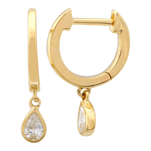 14k Yellow Gold Dangling Pear Diamond Bezel Huggie Earrings