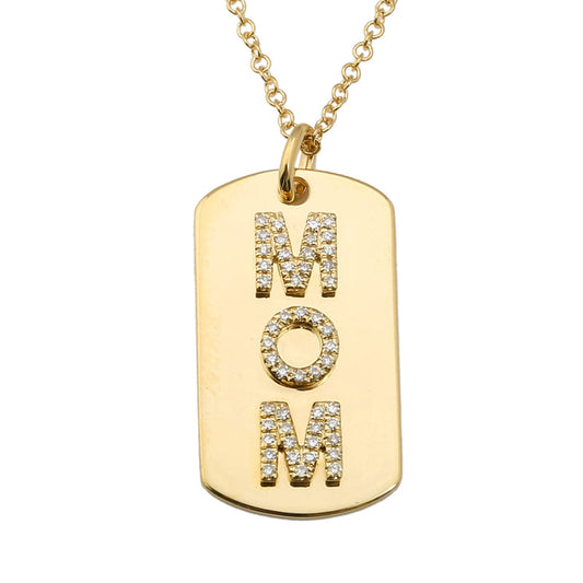 14k Yellow Gold Mom Diamond Name Tag Necklace