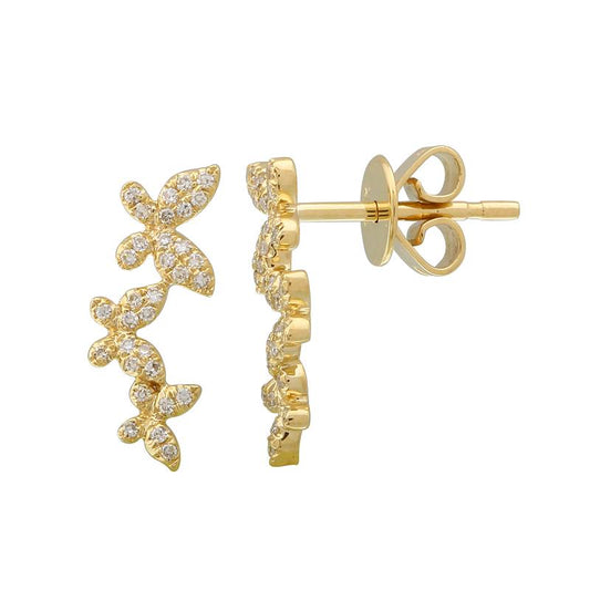 14k Yellow Gold Butterfly Trio Diamond Stud Crawler Earrings