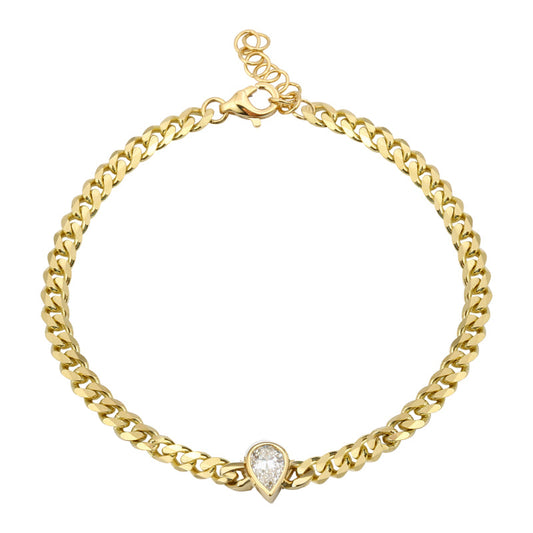 14k Yellow Gold Pear Diamond Bezel Cuban Link Bracelet