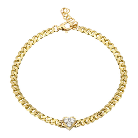 14k Yellow Gold Heart Diamond Cluster Bezel Cuban Link Bracelet