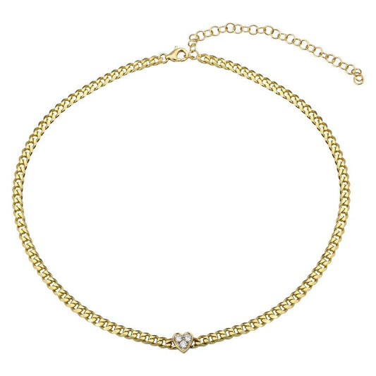 14k Yellow Gold Heart Diamond Cuban Link Choker Necklace
