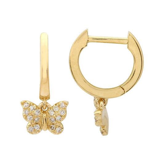 14k Yellow Gold Dangling Butterfly Diamond Huggie Earrings