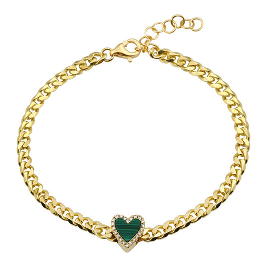14k Yellow Gold Malachite Heart Cuban Link Bracelet