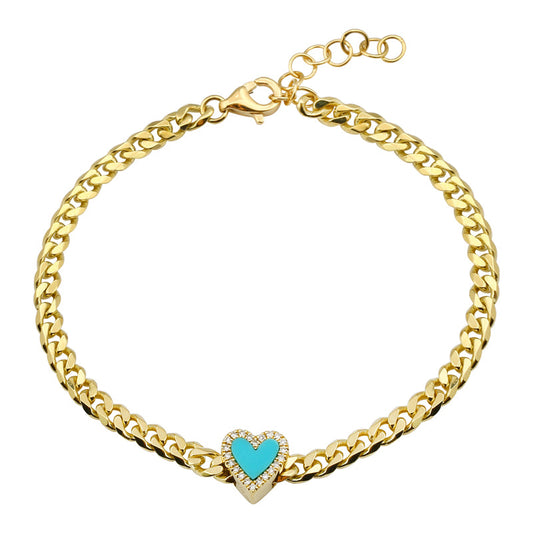 14k Yellow Gold Turquoise Heart Diamond Cuban Link Bracelet