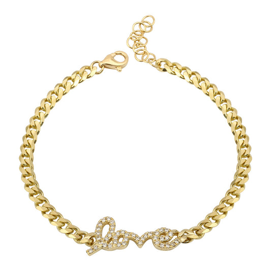 14k Yellow Gold Love Diamond Cuban Link Bracelet